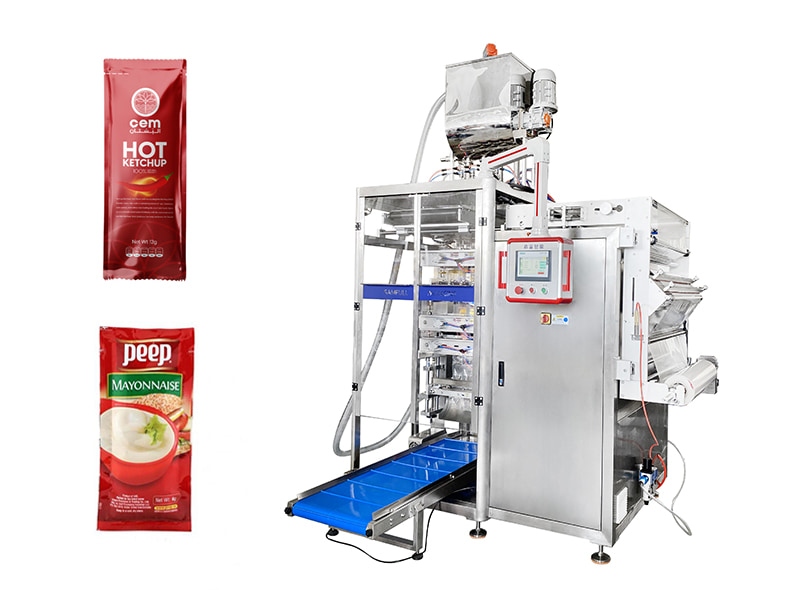 Maquina envasadora multipistas para sobres de salsa
